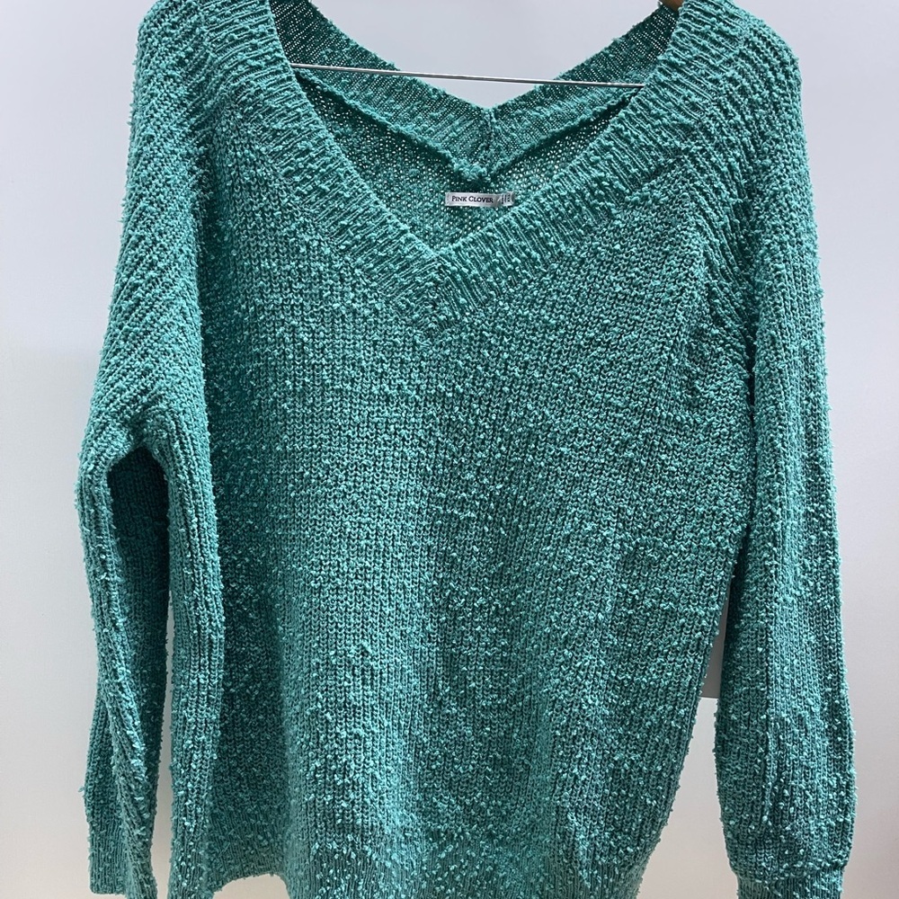 Pink Clover Teal V-Neck Sweater